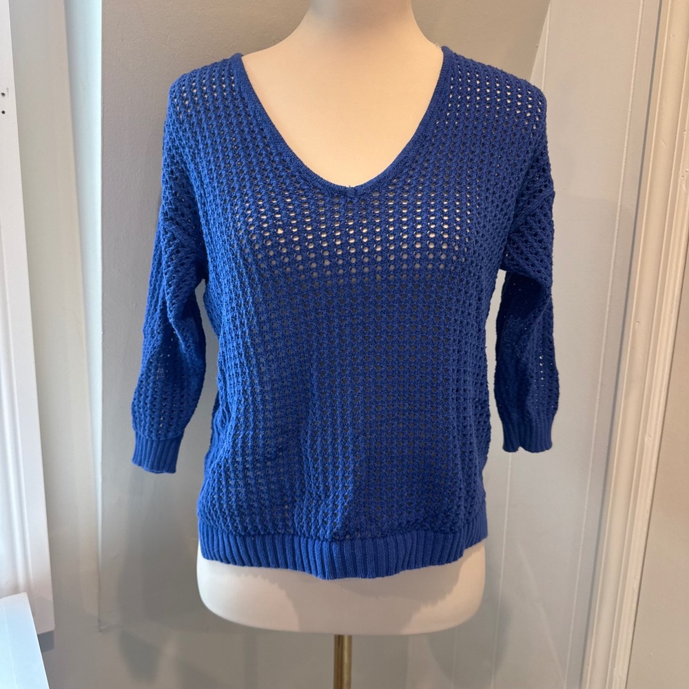 Jeanne Pierre Blue Open Knit V-Neck Sweater Crochet Pullover | Size S